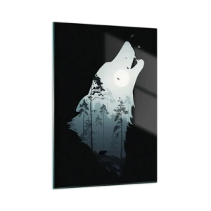 Glasbild - Bild auf glas - Silhouette eines Wolfes mit Wald und Mond im Hintergrund auf schwarzem Hintergrund - 50x70cm - Die Stimme der Waldnacht - Moderne Wanddekoration für Wohnzimmer und Schlafzimmer ARTTOR