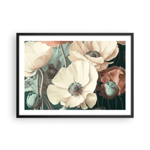 Poster in einem schwarzem Rahmen - Elegante Blumen in Pastelltönen auf grünem Hintergrund - 70x50cm - Flüstern von Mohnblumen - Moderne Wanddekoration für Wohnzimmer und Schlafzimmer ARTTOR