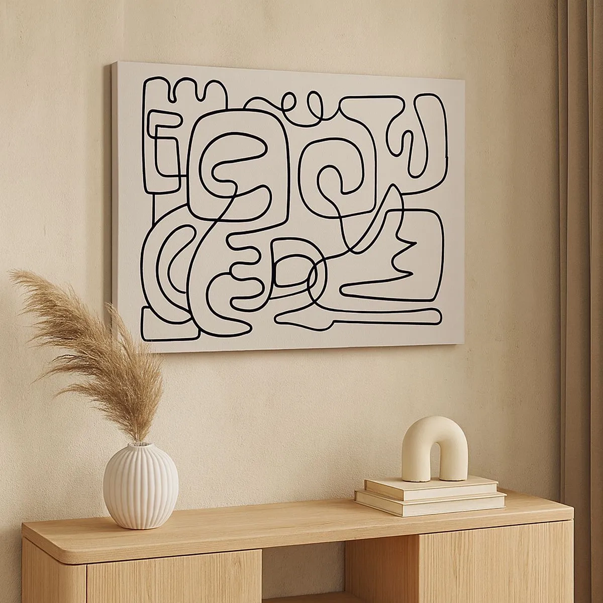 Bild auf Leinwand - Leinwandbild - Abstraktes Linienkunstmuster in Schwarz auf hellem Hintergrund - 70x50cm - Folge der Spur - Moderne Wanddekoration für Wohnzimmer und Schlafzimmer ARTTOR