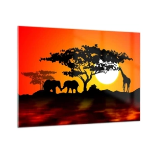 Glasbild - Bild auf glas - Afrikanische Landschaft mit Bäumen und Tieren bei Sonnenuntergang - 100x70cm - Treffen in der Savanne - Moderne Wanddekoration für Wohnzimmer und Schlafzimmer ARTTOR