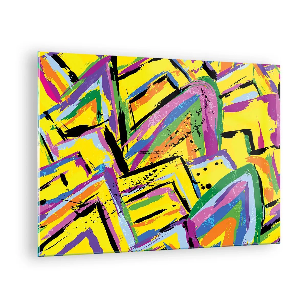 Glasbild - Bild auf glas - Intensive Abstraktion in leuchtenden Farben auf gelbem Hintergrund - 70x50cm - Bis sie vor Freude schreit - Moderne Wanddekoration für Wohnzimmer und Schlafzimmer ARTTOR