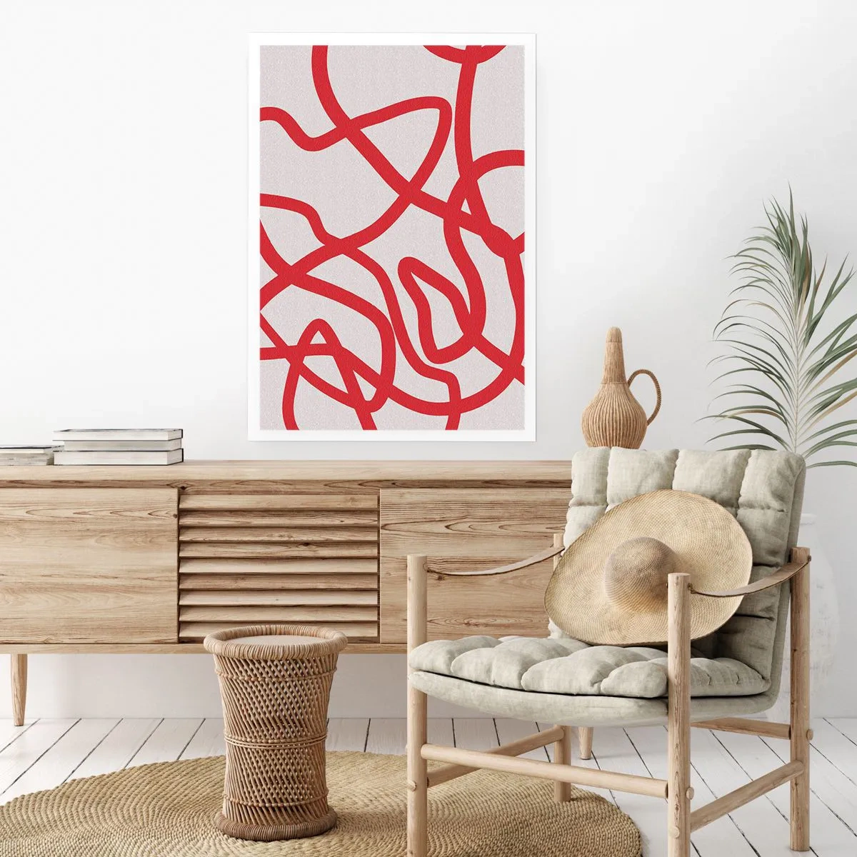 Poster - Abstrakte Komposition aus dynamischen roten Linien auf hellem Hintergrund. - 50x70cm - Rot auf Weiß - Moderne Wanddekoration für Wohnzimmer und Schlafzimmer ARTTOR