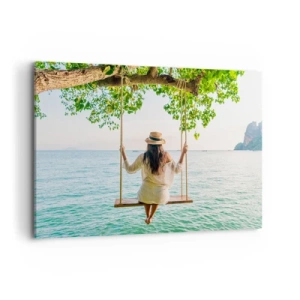 Bild auf Leinwand - Leinwandbild - Frau auf einer Schaukel am Meer in einer tropischen Landschaft - 100x70cm - Das Leben ist wunderschön - Moderne Wanddekoration für Wohnzimmer und Schlafzimmer ARTTOR