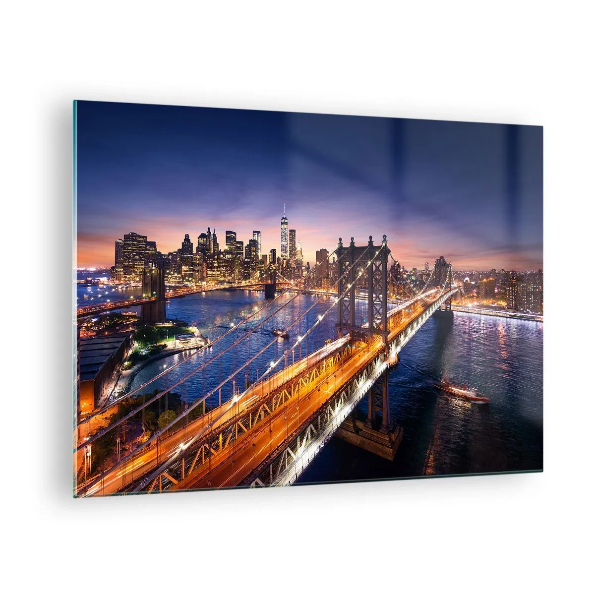 Glasbild - Bild auf glas - Die Brücke vor der Kulisse des abendlichen Stadtpanoramas mit beleuchteten Wolkenkratzern - 70x50cm - Eine leuchtende Brücke zum Herzen der Stadt - Moderne Wanddekoration für Wohnzimmer und Schlafzimmer ARTTOR
