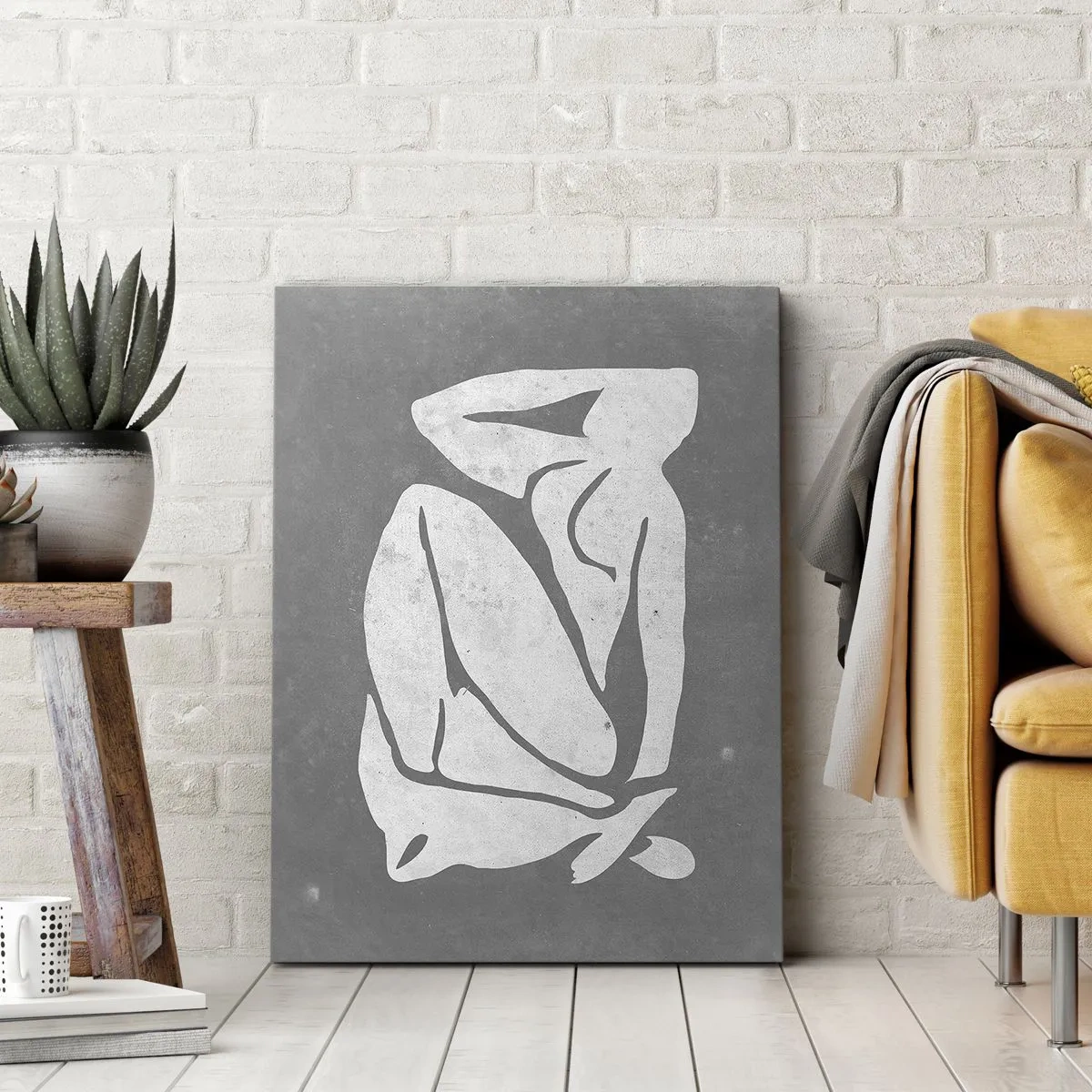 Bild auf Leinwand - Leinwandbild - Eine minimalistische Silhouettenzeichnung auf grauem Hintergrund - 70x100cm - In Gedanken versunken - Moderne Wanddekoration für Wohnzimmer und Schlafzimmer ARTTOR