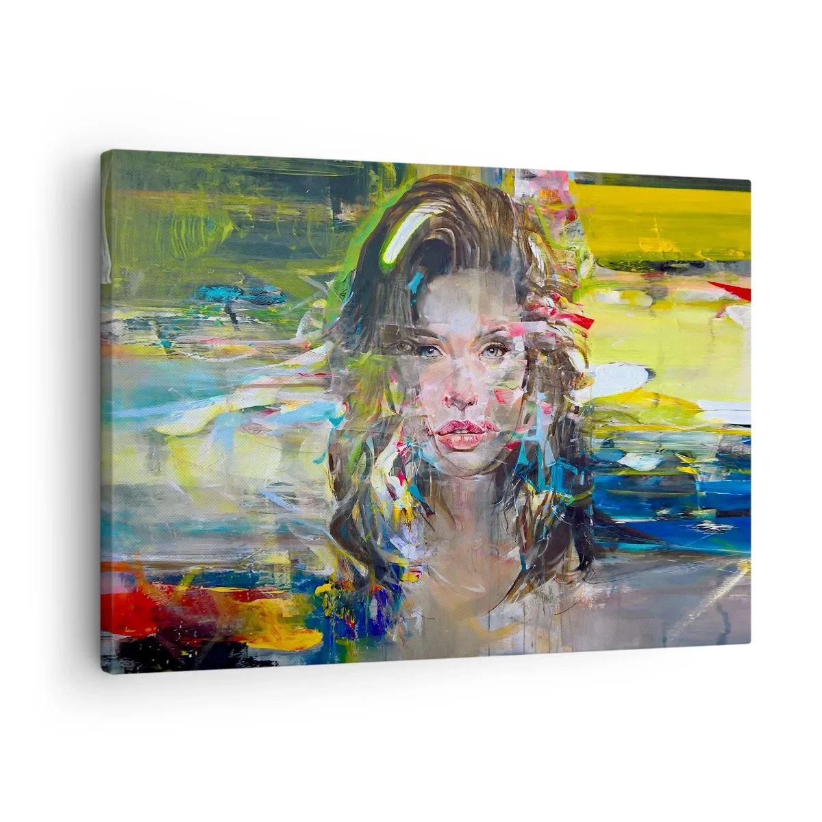 Bild auf Leinwand - Leinwandbild - Abstraktes Frauenporträt in intensiven Farben - 70x50cm - Hinter der Luft ein Vorhang - Moderne Wanddekoration für Wohnzimmer und Schlafzimmer ARTTOR