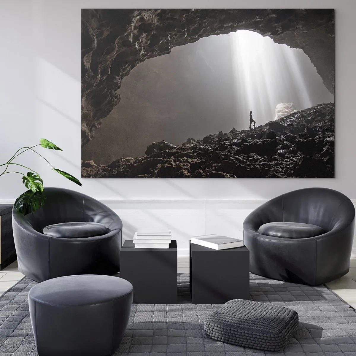 Glasbild - Bild auf glas - Eine Figur in einer von Lichtstrahlen beleuchteten Höhle, umgeben von dunklen Felsen - 70x50cm - Die leuchtende Grotte - Moderne Wanddekoration für Wohnzimmer und Schlafzimmer ARTTOR