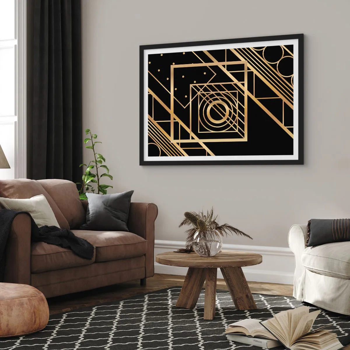 Poster in einem schwarzem Rahmen - Goldene geometrische Muster auf schwarzem Hintergrund - 70x50cm - Goldene Geometrie - Moderne Wanddekoration für Wohnzimmer und Schlafzimmer ARTTOR