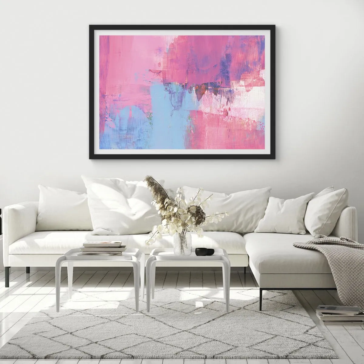 Poster in einem schwarzem Rahmen - Abstrakte Komposition in Pink und Blau - 70x50cm - Rosa, Blau und eine Prise Licht - Moderne Wanddekoration für Wohnzimmer und Schlafzimmer ARTTOR
