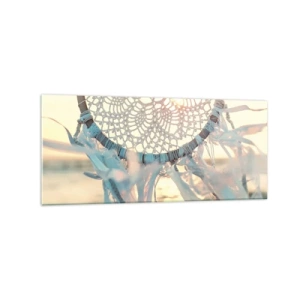 Glasbild - Bild auf glas - Ein zarter Traumfänger vor dem Hintergrund der untergehenden Sonne - 120x50cm - Totem aus Spitze - Moderne Wanddekoration für Wohnzimmer und Schlafzimmer ARTTOR