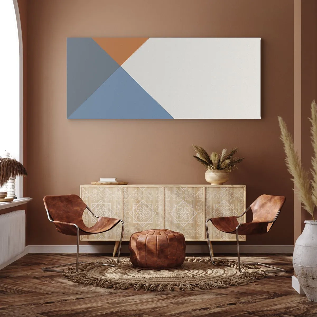 Bild auf Leinwand - Leinwandbild - Geometrische Dreiecke in Blau- und Orangetönen - 160x50cm - In einem Winkel… - Moderne Wanddekoration für Wohnzimmer und Schlafzimmer ARTTOR