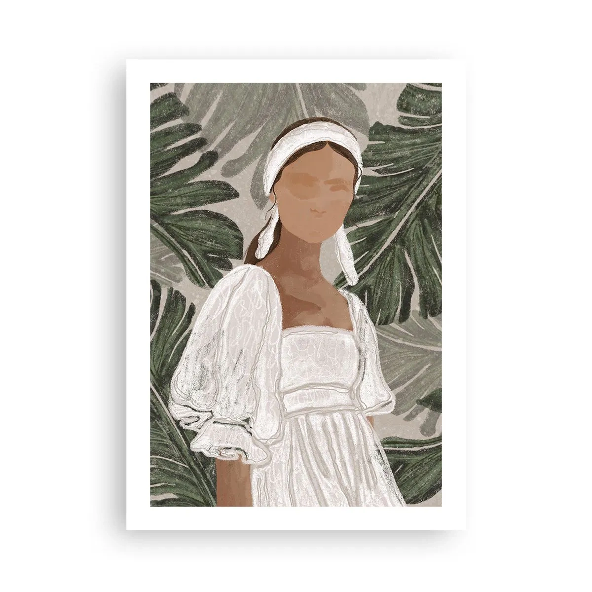 Poster - Eine Frau in einem weißen Kleid vor einem Hintergrund aus grünen Blättern - 50x70cm - Exotisches Porträt - Moderne Wanddekoration für Wohnzimmer und Schlafzimmer ARTTOR