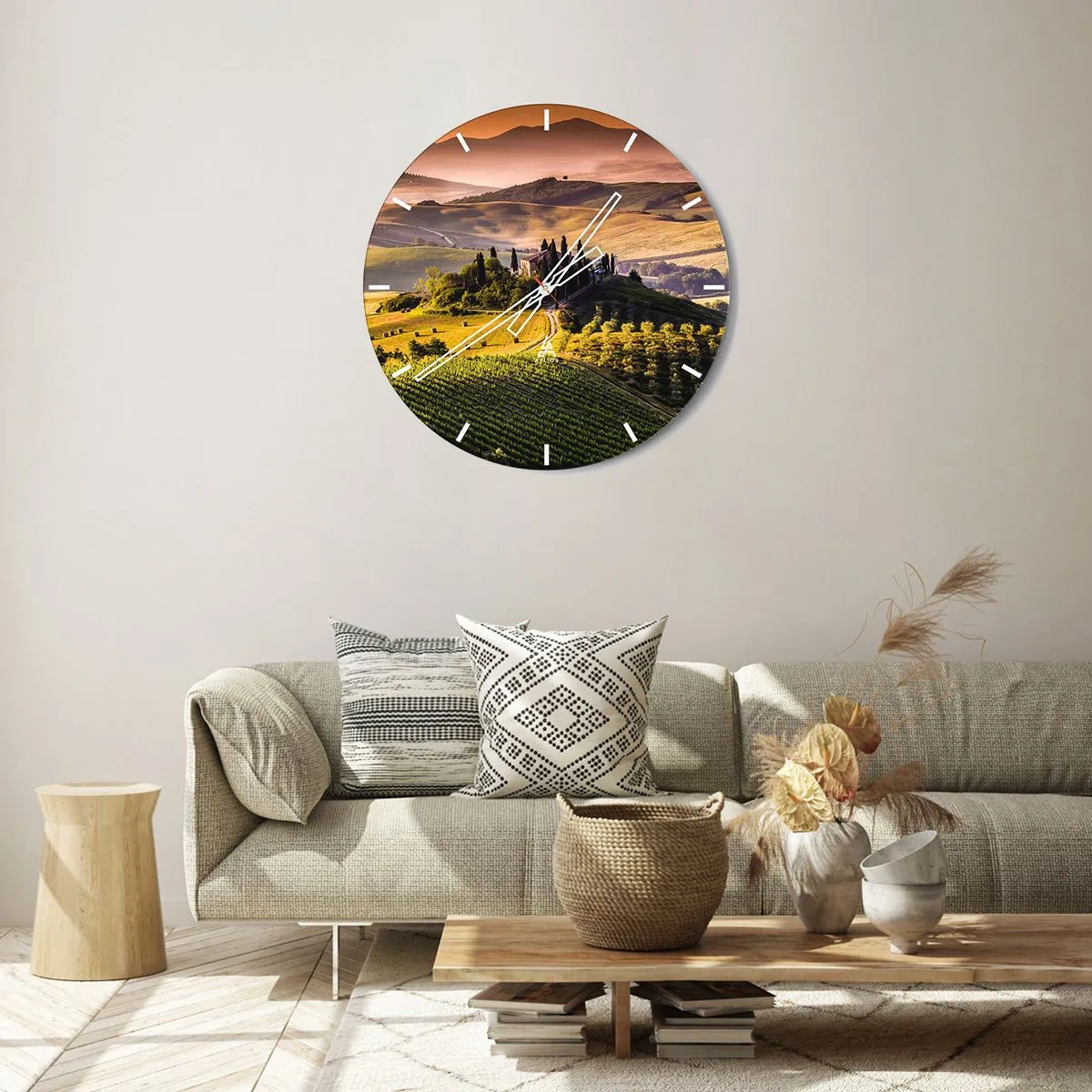 Wanduhr - Glasuhr - Malerische Hügel mit Bäumen und Weinbergen im warmen Licht - 30x30cm - Arkadien - die toskanische Landschaft - Moderne Wanddekoration für Wohnzimmer, Küche und Schlafzimmer ARTTOR