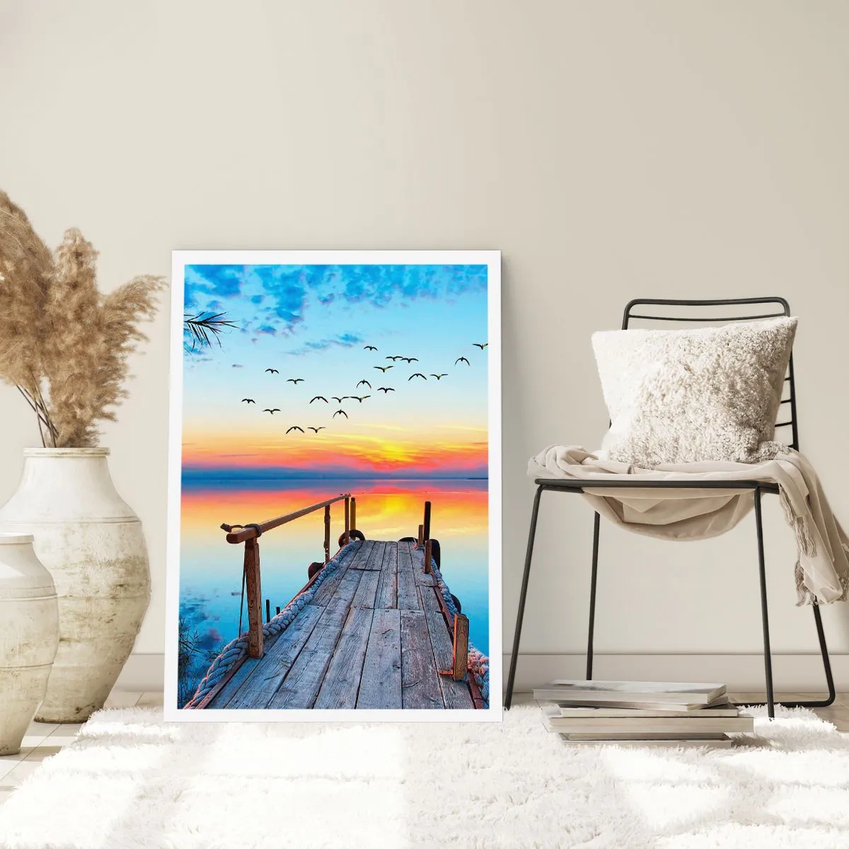 Poster - Pier am See bei Sonnenuntergang - 50x70cm - Es ist Zeit, zurückzukehren ... - Moderne Wanddekoration für Wohnzimmer und Schlafzimmer ARTTOR