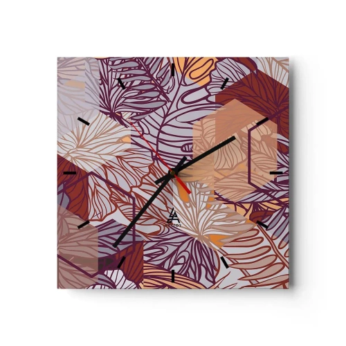 Wanduhr - Glasuhr - Ein dekoratives tropisches Blattmuster in Lila-, Orange- und Beigetönen. - 30x30cm - Unmögliche Beziehung zwischen Geometrie und Natur - Moderne Wanddekoration für Wohnzimmer und Schlafzimmer ARTTOR