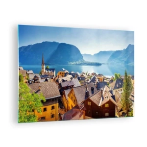 Glasbild - Bild auf glas - Eine malerische Stadt an einem von Bergen umgebenen See - 70x50cm - Es könnte nicht malerischer sein - Moderne Wanddekoration für Wohnzimmer und Schlafzimmer ARTTOR