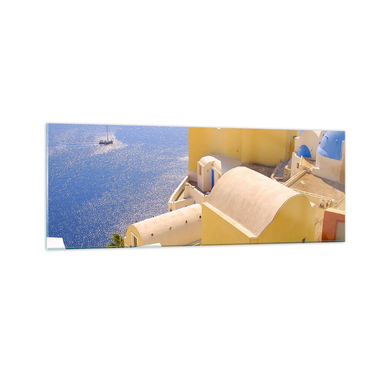Glasbild - Bild auf glas - Griechische Architektur mit Meerblick und einem Boot im Hintergrund - 140x50cm - Griechische Landschaft in Weiß und Blau - Moderne Wanddekoration für Wohnzimmer und Schlafzimmer ARTTOR