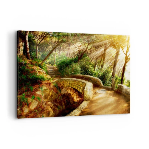 Bild auf Leinwand - Leinwandbild - Waldlandschaft mit Sonnenstrahlen und einer Steinbrücke - 100x70cm - Direkt von der Brücke in den Märchenwald - Moderne Wanddekoration für Wohnzimmer und Schlafzimmer ARTTOR
