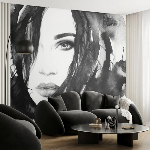 Fototapete Premium Canvas - Porträt einer Frau in Schwarz-Weiß-Aquarell - 100x70cm - Porträt einer Dame in Schwarzweiß - Moderne Wanddekoration für Wohnzimmer und Schlafzimmer ARTTOR