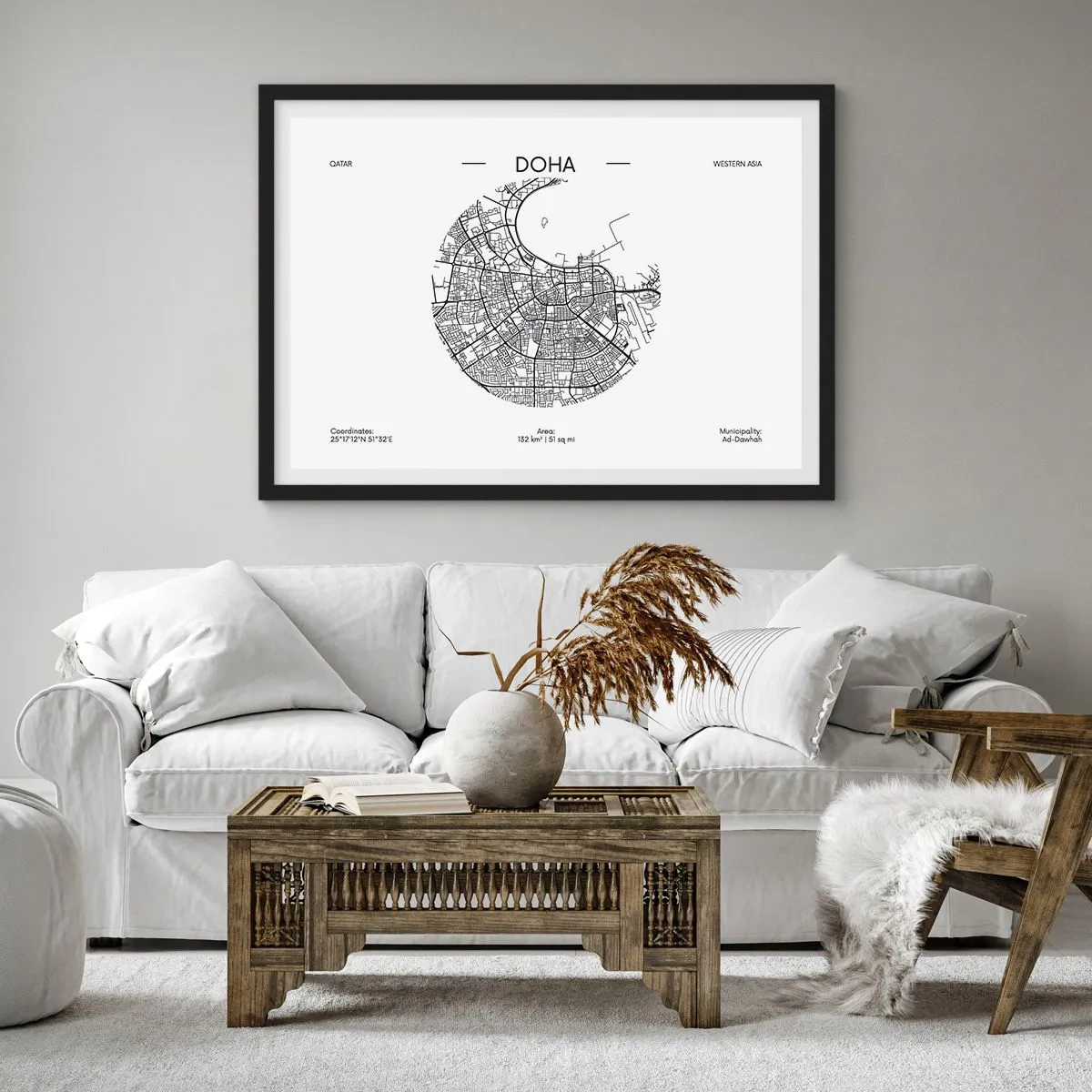 Poster in einem schwarzem Rahmen - Eine minimalistische Karte von Doha in Schwarzweiß mit präzisen Details. - 70x50cm - Anatomie von Doha - Moderne Wanddekoration für Wohnzimmer und Schlafzimmer ARTTOR