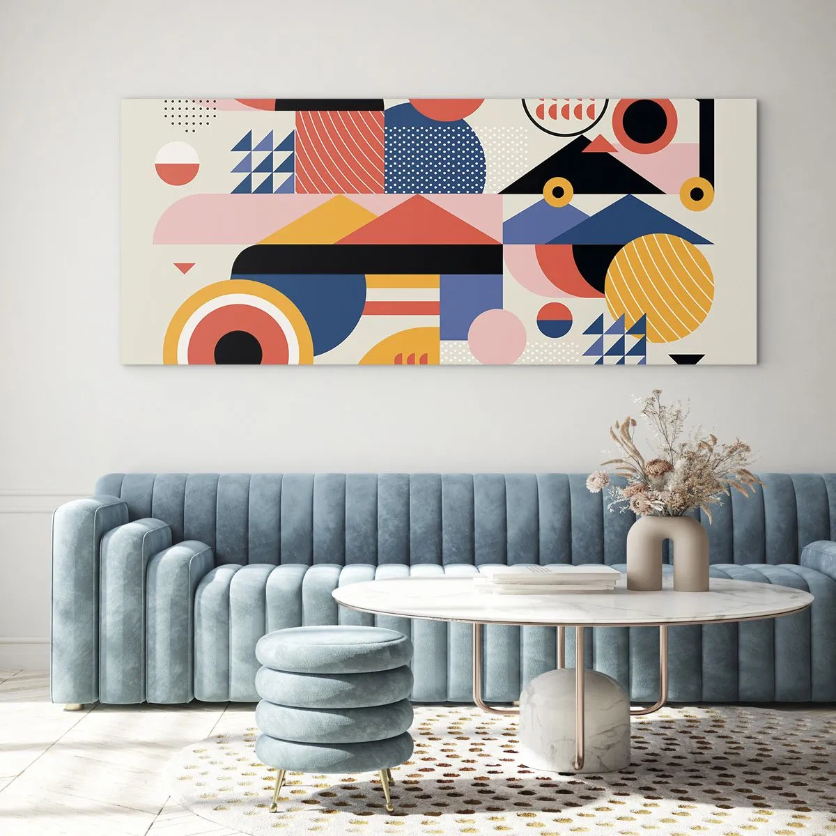 Glasbild - Bild auf glas - Bunte geometrische Formen im Retro-Stil - 160x50cm - Komposition: Na, los, spiel! - Moderne Wanddekoration für Wohnzimmer und Schlafzimmer ARTTOR