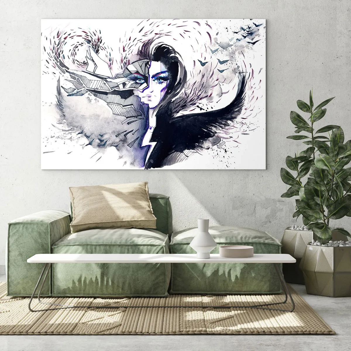 Glasbild - Bild auf glas - Abstraktes Porträt mit dynamischen Elementen und Schwarz - 70x50cm - Dämonisch und schön - Moderne Wanddekoration für Wohnzimmer und Schlafzimmer ARTTOR