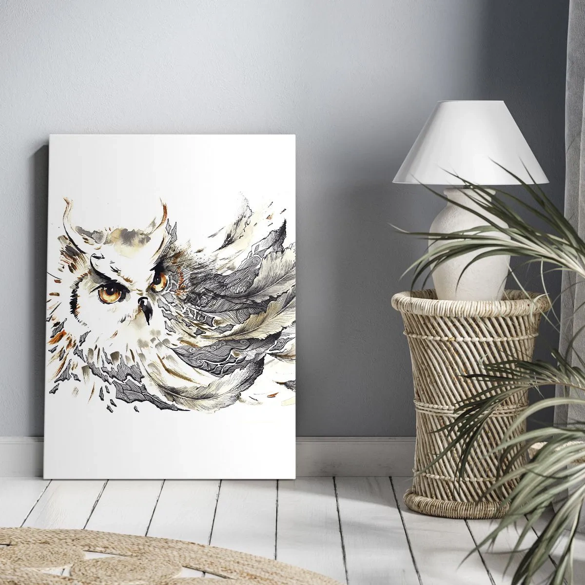 Bild auf Leinwand - Leinwandbild - Eine Eule mit mystischen Federn in einer künstlerischen Aquarellform - 50x70cm - Sie kam aus der Welt der Magie - Moderne Wanddekoration für Wohnzimmer und Schlafzimmer ARTTOR