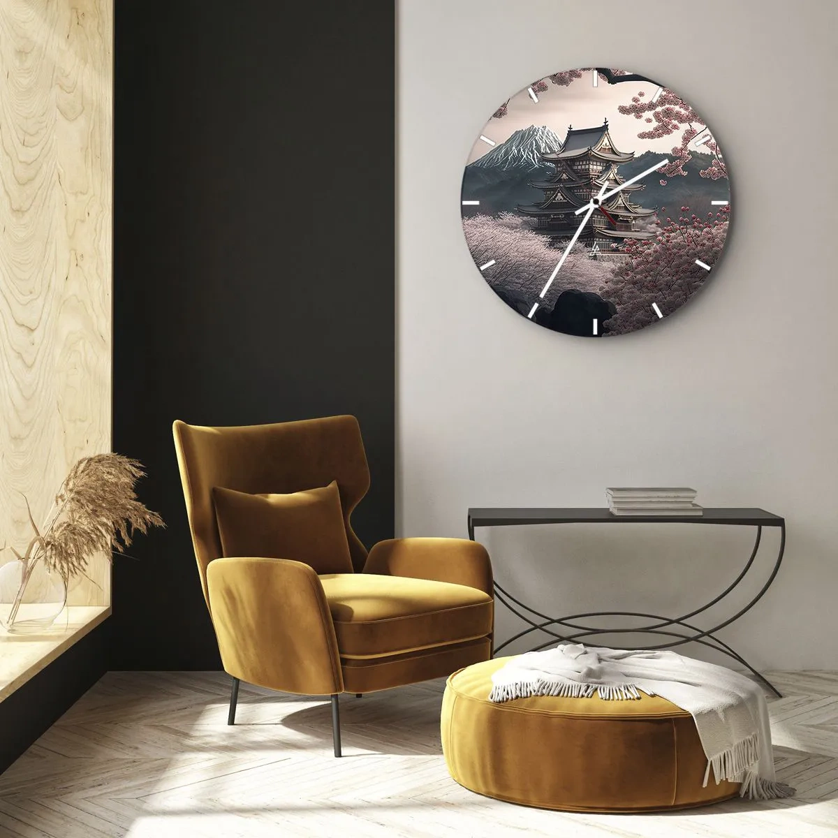 Wanduhr - Glasuhr - Eine traditionelle Pagode inmitten von Kirschblüten mit einem Berg im Hintergrund - 30x30cm - Land der Kirschblüten - Moderne Wanddekoration für Wohnzimmer, Küche und Schlafzimmer ARTTOR