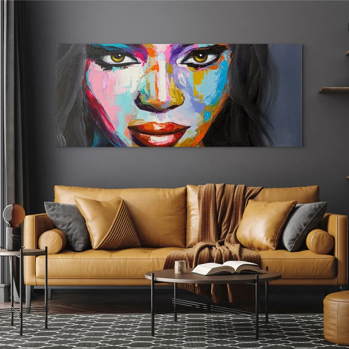 Glasbild - Bild auf glas - Ein farbenfrohes Porträt einer Frau mit intensivem Blick - 140x50cm - Es ist unmöglich die Augen abzuwenden - Moderne Wanddekoration für Wohnzimmer und Schlafzimmer ARTTOR