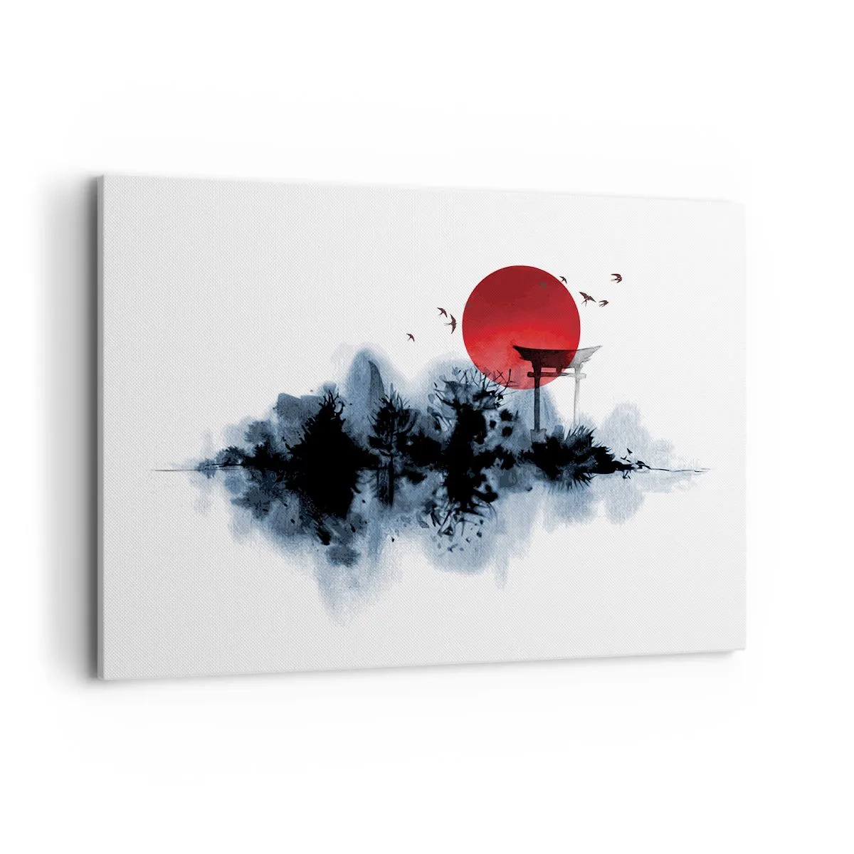 Bild auf Leinwand - Leinwandbild - Rote Sonne über einer malerischen Landschaft mit Torii - 100x70cm - Japanische Sicht - Moderne Wanddekoration für Wohnzimmer und Schlafzimmer ARTTOR