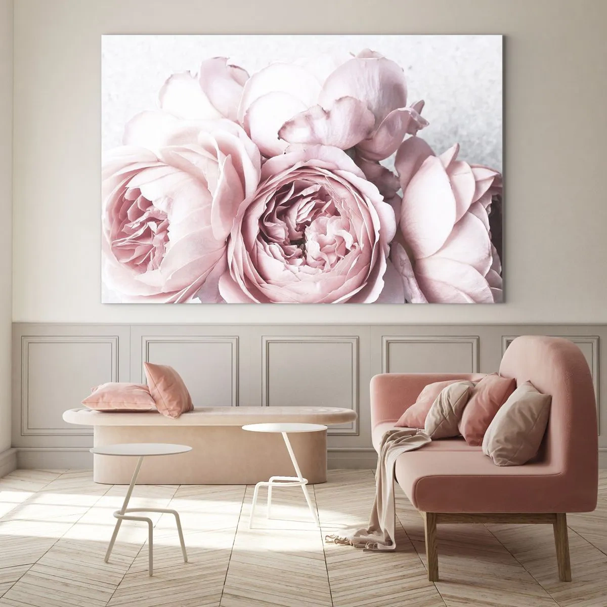 Glasbild - Bild auf glas - Nahaufnahme von rosa Pfingstrosenblüten in sanftem Licht - 100x70cm - Für Romantiker - Moderne Wanddekoration für Wohnzimmer und Schlafzimmer ARTTOR
