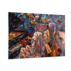 Glasbild - Bild auf glas - Eine bunte Jazzbühne mit Musikern und Instrumenten - 100x70cm - In einem Schlag - Moderne Wanddekoration für Wohnzimmer und Schlafzimmer ARTTOR
