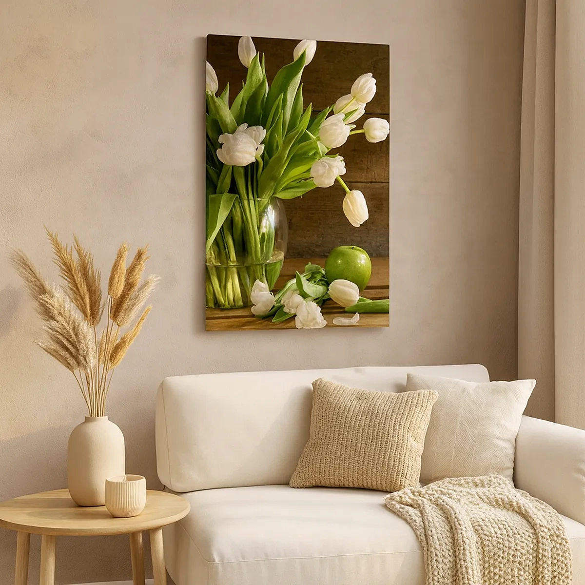Bild auf Leinwand - Leinwandbild - Ein Strauß weißer Tulpen in einer Glasvase mit grünen Äpfeln - 50x70cm - Saftig und frisch in Grün und Weiß - Moderne Wanddekoration für Wohnzimmer und Schlafzimmer ARTTOR