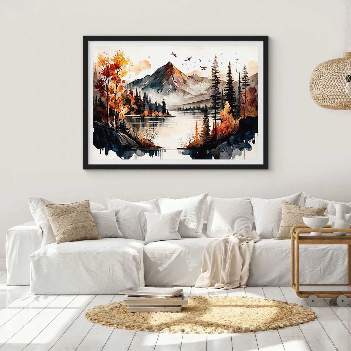 Poster in einem schwarzem Rahmen - Herbstliche Berglandschaft mit See und Bäumen in Aquarell - 100x70cm - Goldener Herbst in den Bergen - Moderne Wanddekoration für Wohnzimmer und Schlafzimmer ARTTOR
