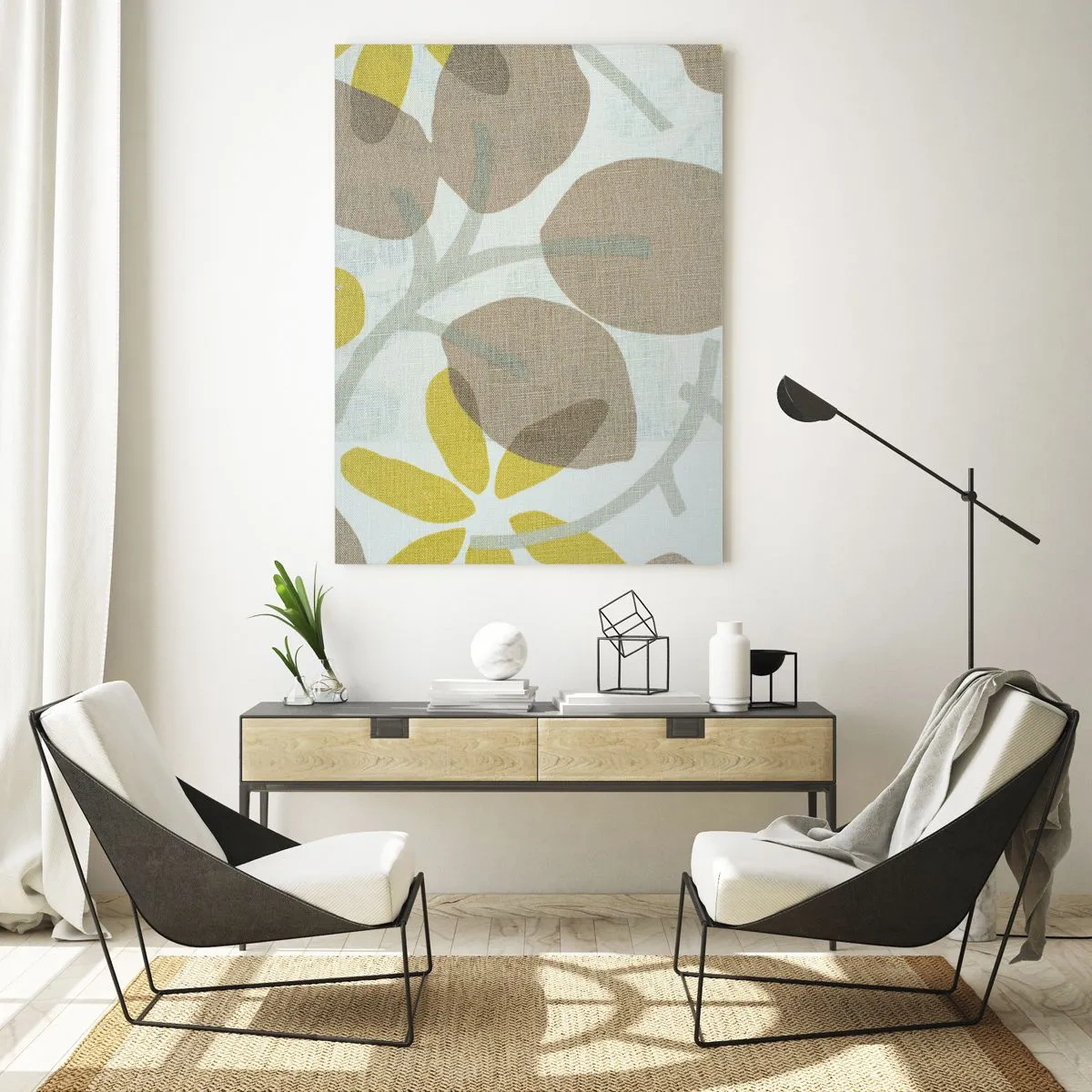 Glasbild - Bild auf glas - Stilisierte Blätter und Blüten in Pastellbeige und Gelb - 50x70cm - Komposition in voller Sonne - Moderne Wanddekoration für Wohnzimmer und Schlafzimmer ARTTOR