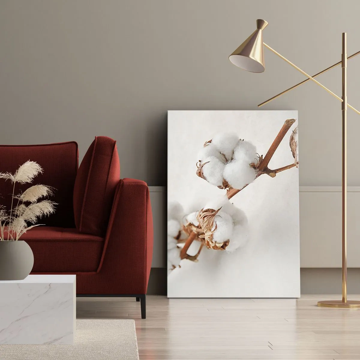Bild auf Leinwand - Leinwandbild - Ein Zweig Baumwolle auf dezentem Untergrund - 50x70cm - Nur umarmen - Moderne Wanddekoration für Wohnzimmer und Schlafzimmer ARTTOR