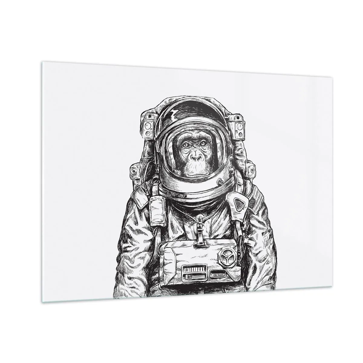 Glasbild - Bild auf glas - Skizze eines Affen im Astronautenanzug auf weißem Hintergrund - 100x70cm - Alternative Evolution - Moderne Wanddekoration für Wohnzimmer und Schlafzimmer ARTTOR
