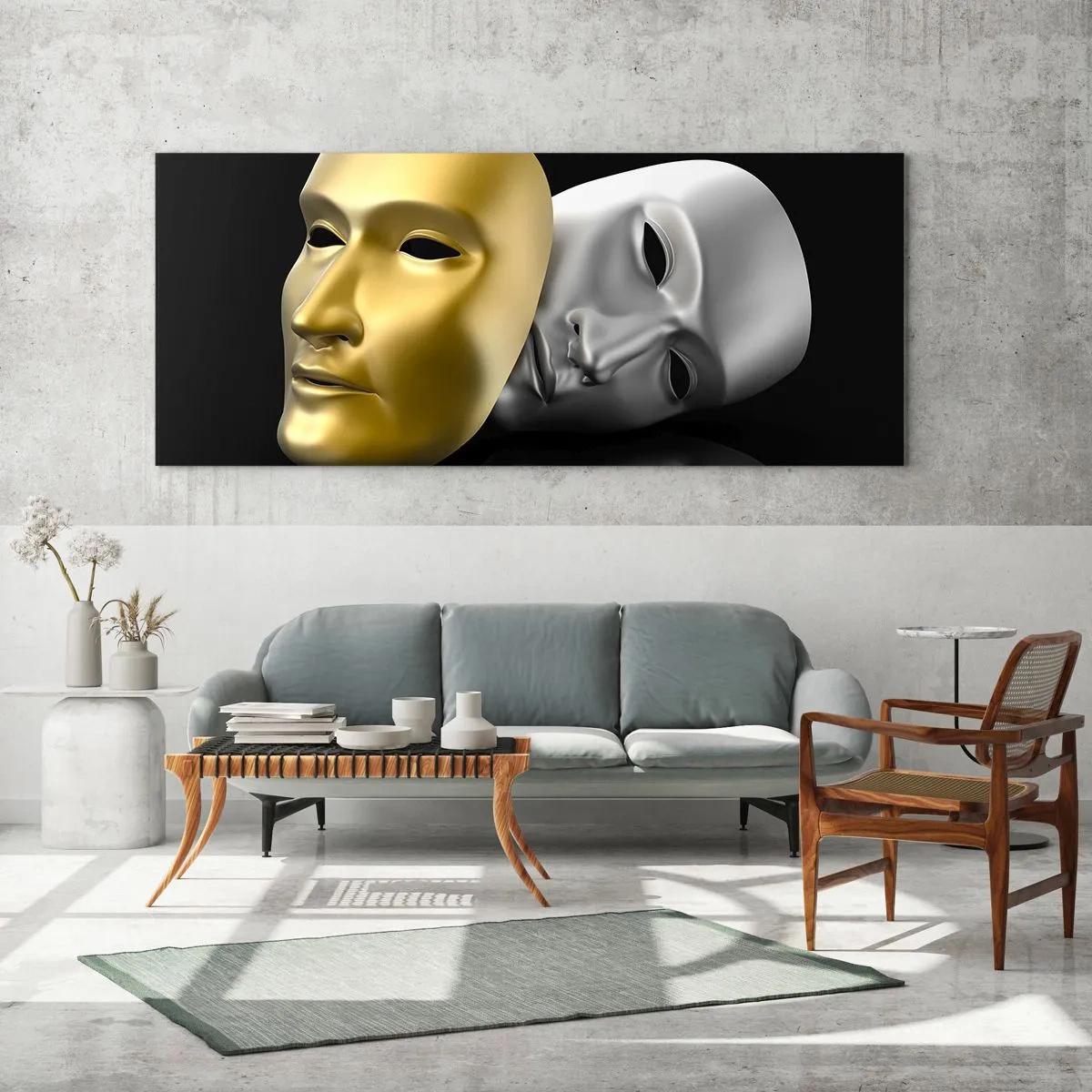 Glasbild - Bild auf glas - Gold- und Silbermaske auf schwarzem Hintergrund - 140x50cm - Das Leben ist wie ein Theater - Moderne Wanddekoration für Wohnzimmer und Schlafzimmer ARTTOR