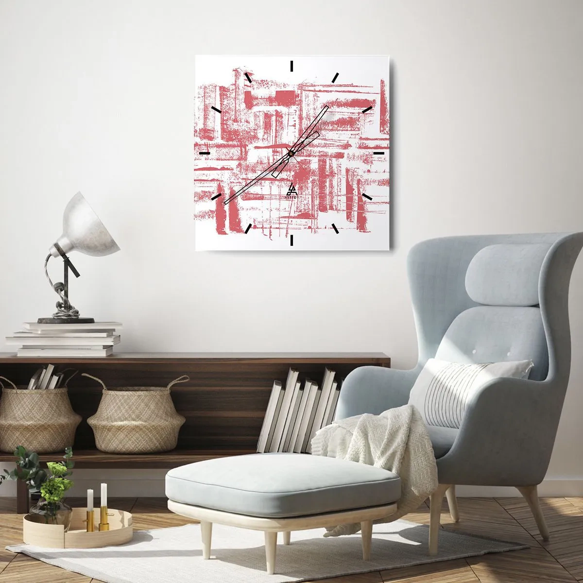 Wanduhr - Glasuhr - Abstrakte rosa Texturen auf weißem Hintergrund - 30x30cm - Die rote Stadt - Moderne Wanddekoration für Wohnzimmer und Schlafzimmer ARTTOR
