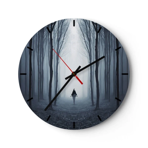Wanduhr - Glasuhr - Ein dunkler Wald im Nebel mit einer mysteriösen Gestalt - 30x30cm - Alles einfach und übersichtlich - Moderne Wanddekoration für Wohnzimmer, Küche und Schlafzimmer ARTTOR
