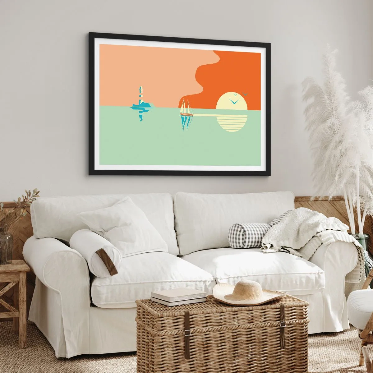 Poster in einem schwarzem Rahmen - Eine minimalistische Meereslandschaft mit einem Segelboot und einem Sonnenuntergang - 70x50cm - Die perfekte Meereslandschaft - Moderne Wanddekoration für Wohnzimmer und Schlafzimmer ARTTOR