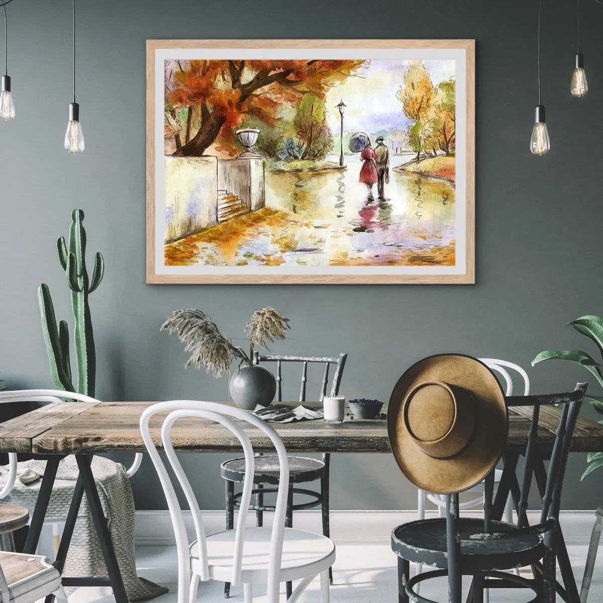 Poster in einem Rahmen aus heller Eiche - Romantischer Herbst im Park - 100x70 cm