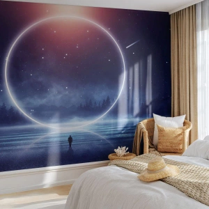 Fototapete Premium Sand - Eine geheimnisvolle Silhouette vor einem leuchtenden Kreis vor dem Hintergrund des Weltraums - 100x70cm - Sie sind schon da ... - Moderne Wanddekoration für Wohnzimmer und Schlafzimmer ARTTOR