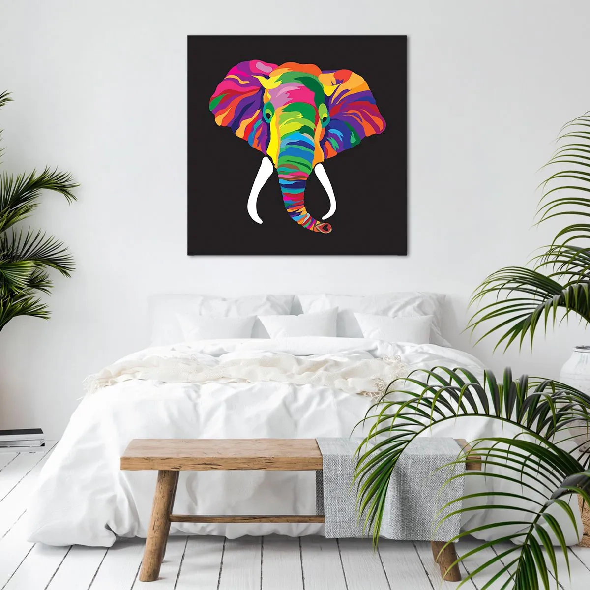 Bild auf Leinwand - Leinwandbild - Der Elefant, der es liebte, im Regenbogen zu baden - 40x40 cm