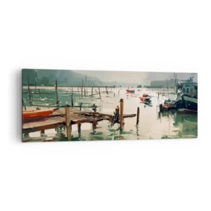 Bild auf Leinwand - Leinwandbild - Ein malerischer Hafen mit Booten auf ruhigem Wasser - 140x50cm - Durchnässt in einem geschmolzenen Mond - Moderne Wanddekoration für Wohnzimmer und Schlafzimmer ARTTOR