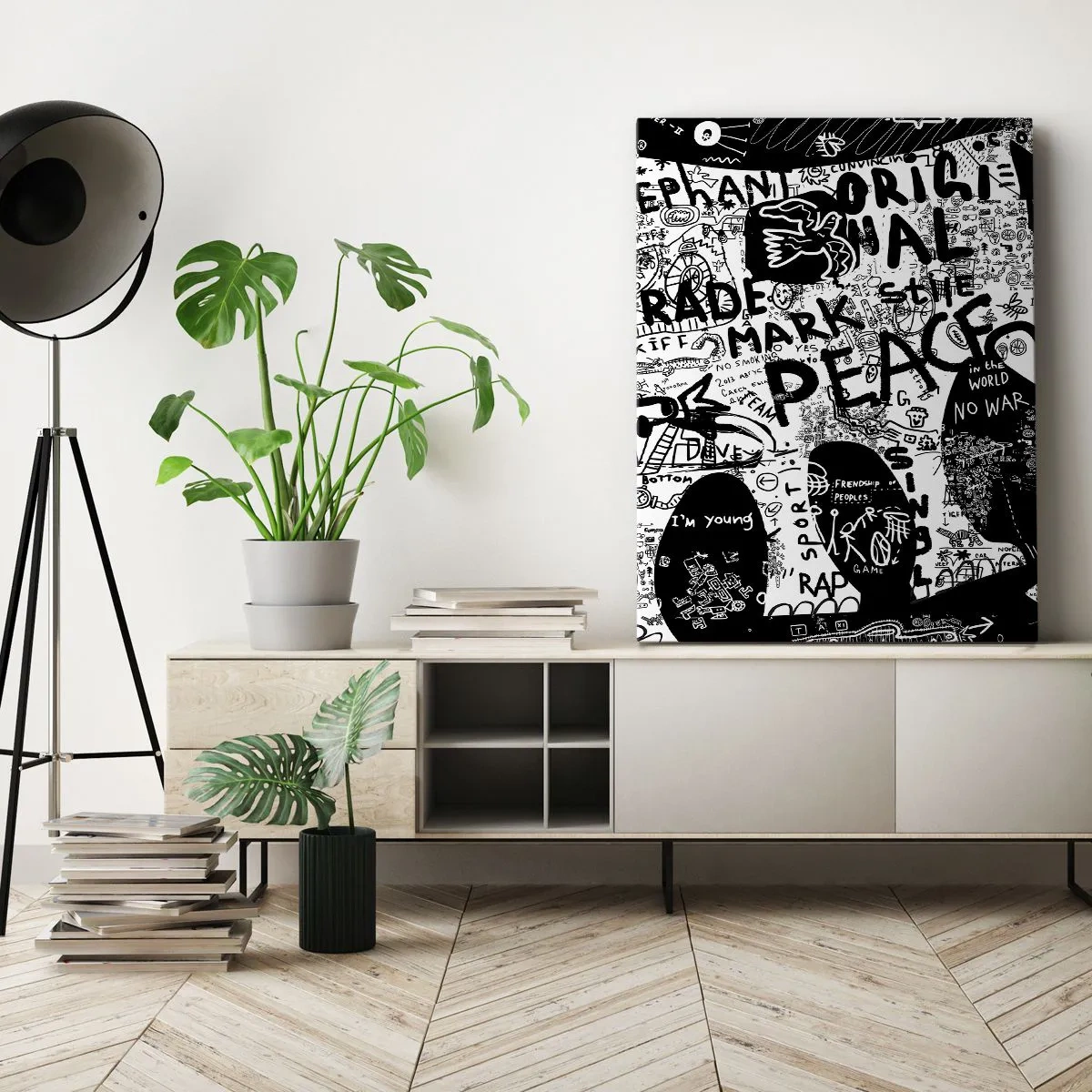 Bild auf Leinwand - Leinwandbild - Schwarz-Weiß-Grafiken mit Graffiti-Motiven - 70x100cm - Reiche Straßenwelt - Moderne Wanddekoration für Wohnzimmer und Schlafzimmer ARTTOR
