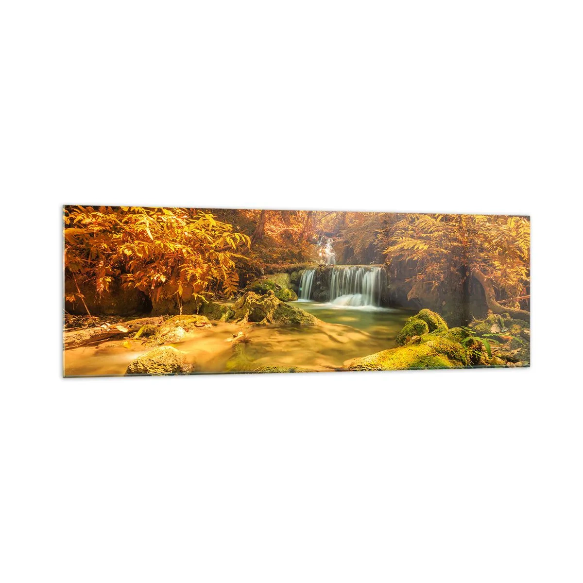 Glasbild - Bild auf glas - Ein goldener Wasserfall in einem herbstlichen Wald, umgeben von Grün - 160x50cm - Waldkaskade in Gold - Moderne Wanddekoration für Wohnzimmer und Schlafzimmer ARTTOR