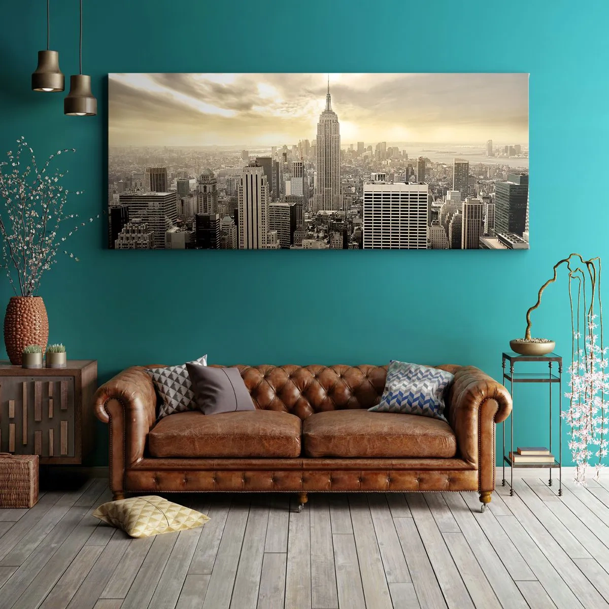 Bild auf Leinwand - Leinwandbild - Panorama der Stadt mit Blick auf das Empire State Building - 140x50cm - New York aus Grau - Moderne Wanddekoration für Wohnzimmer und Schlafzimmer ARTTOR