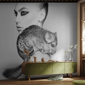 Fototapete Premium Sand - Dame mit einem Chinchilla - Frau, Frau mit Chinchilla, Modell - 200x140 cm