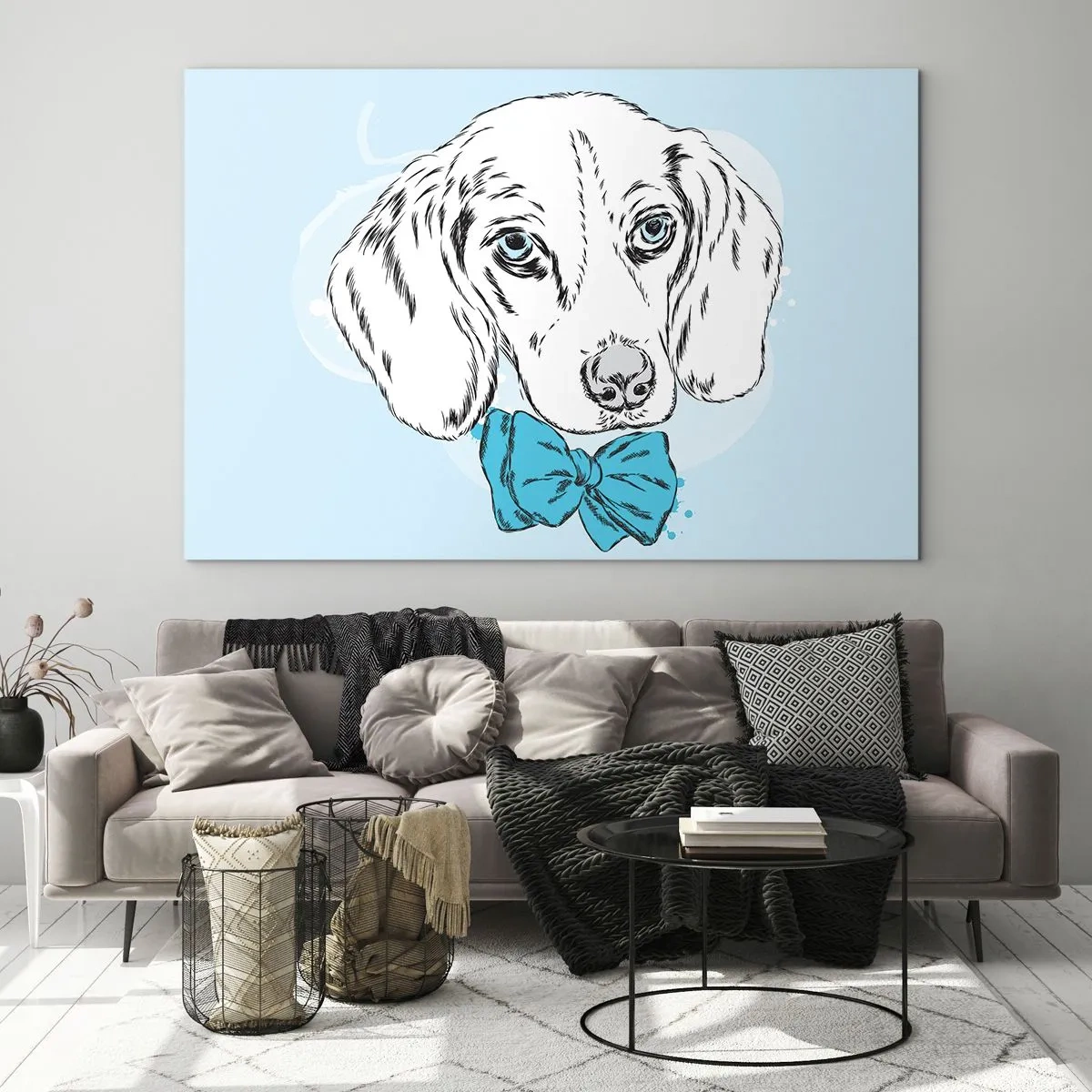 Glasbild - Bild auf glas - Zeichnung eines Hundes mit Fliege auf blauem Hintergrund - 70x50cm - Hunde-Eleganz - Moderne Wanddekoration für Wohnzimmer und Schlafzimmer ARTTOR